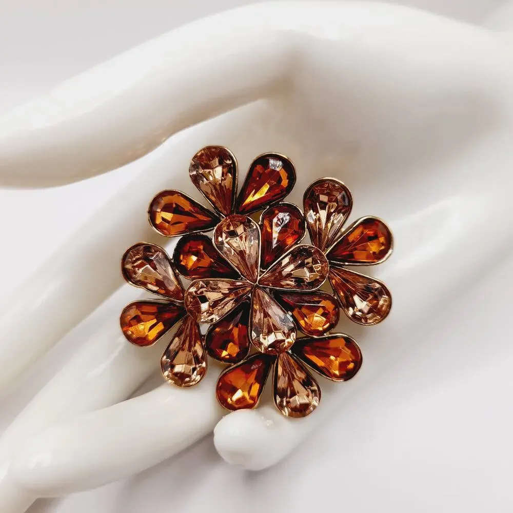 Vintage Amber Rhinestone Flower Brooch Gold Tone 2 Inch Statement Pin